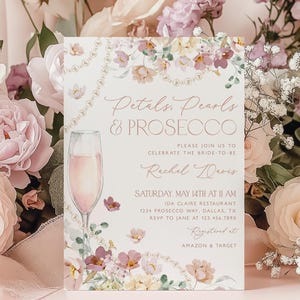 Petals Pearls Prosecco Bridal Shower Invitation, Pink Pastel Petals and Pearls Bridal Shower Invite, Editable Bridal Shower Template, BS56