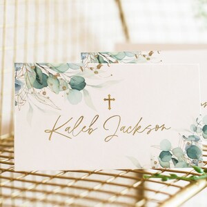 Baptism Place Card Template, Printable Place Cards, Baptism Place Cards, Gold Christening Place Cards, Greenery Gold Escort Cards, BT2