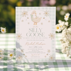 Silly Goose Baby Shower Invitation, Gender Neutral Baby Shower Invite Printable, Mother Goose Baby Shower, Daisy Gingham Sage Green, BBS131