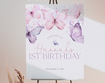Mariposa 1er cumpleaños signo de bienvenida, signo de bienvenida de cumpleaños de mariposa rosa, 1er signo de cumpleaños, mariposa púrpura, signo de bienvenida de cumpleaños, BD18