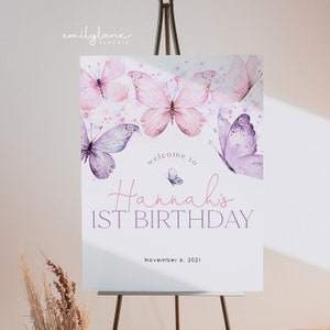 Panneau de bienvenue de 1er anniversaire de papillon, panneau de bienvenue d'anniversaire de papillon rose, panneau de 1er anniversaire, papillon violet, panneau de bienvenue d'anniversaire, BD18