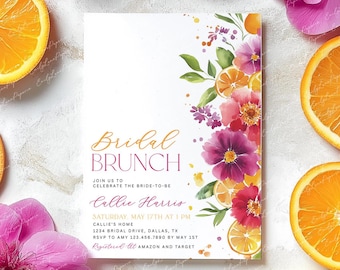 Citrus Bridal Brunch Invitation Template, Bright Floral Citrus Bridal Shower, Orange Citrus Bridal Shower, Pink Orange Purple Citrus, BS77