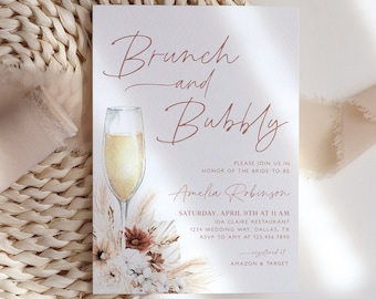 Boho Brunch and Bubbly Bridal Shower Invitation, Boho Bridal Brunch Invite, Boho Editable Bridal Shower Invite, Champagne Brunch, BS15