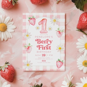 Berry First Birthday Invitation, Red Strawberry 1st Birthday Invite, Daisy Strawberries, Berry First Birthday, 1st Birthday Girl, BD123