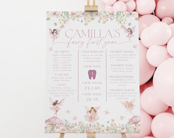 May include: A personalized fairy-themed first birthday sign on an easel. The sign features the name "Camilla" and details like birth date, weight, and favorite things. The design includes fairies, flowers, and a pink and white color scheme. The sign is 29 inches tall.