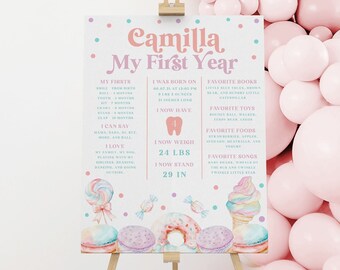 Könnte beinhalten: Ein rosa-blaues, druckbares Poster mit dem Text "Camilla My First Year". Das Poster zeigt eine Zeitleiste des ersten Lebensjahres des Babys, einschließlich Meilensteine wie das erste Lächeln, der erste Zahn, das erste Rollen und das erste Krabbeln. Es enthält auch das Geburtsdatum, das Gewicht und die Größe des Babys. Das Poster ist mit bunten Illustrationen von Süßigkeiten, Eiscreme und anderen Leckereien verziert.