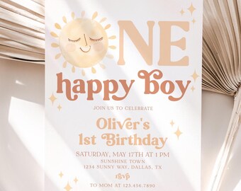 One Happy Boy Birthday Invite, Sunshine Birthday Invitation, Sun Boy 1st Birthday Invitation, One Happy Boy 1st Birthday Invitation, BD77