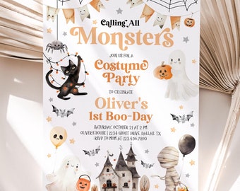 May include: A Halloween party invitation with a cute cartoon monster theme. The invitation features a black cat, a ghost, a mummy, and a haunted house. The text reads "Calling All Monsters" and "Oliver's 1st Boo-Day".