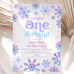 Winter Onederland 1. urodziny zaproszenie, różowy fioletowy śnieg 1. urodziny zaproszenie, Winter Onederland, drukowane 1. urodziny zaproszenie, BD124