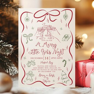 Invito per festa di Natale per ragazze, una allegra serata per bambine, festa di Natale per ragazze, invito per festa di Natale rosso-verde, modificabile, CP24