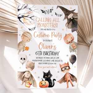 Invito di compleanno "Chiama tutti i mostri", invito di compleanno di Halloween, invito per festa di Halloween, compleanno di un bambino, invito fantasma mummia, BD119
