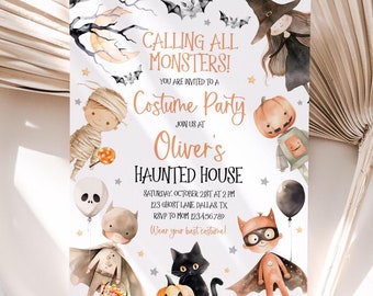 May include: Halloween party invitation with a watercolor illustration of a haunted house, bats, and costumed children. The text reads "Calling all monsters! You are invited to a Costume Party Join us at Oliver's Haunted House Saturday, October 28th at 2 PM 123 Ghost Lane Dallas TX RSVP to Mom 123.456.789 Wear your best costume!"