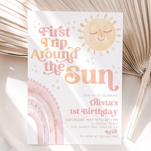 Invito di compleanno per il primo viaggio intorno al sole, invito arcobaleno solare, primo compleanno di una bambina, invito stampabile arcobaleno rosa per il primo compleanno, BD129