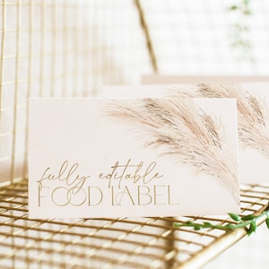 Etiquetas de alimentos Boho, Tarjeta de etiquetas de alimentos Boho Bridal Shower, Etiquetas de alimentos de despedida de soltera Pampas Grass, Tarjetas de alimentos plegadas, Etiquetas de alimentos en tiendas de campaña, BS25