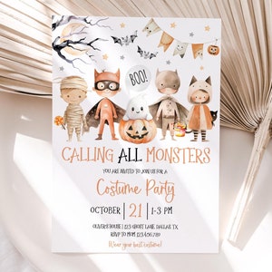Calling All Monsters Halloween Party Invitation, Kids Halloween Party Invitation Template, Monster Invitation, Mummy, Editable Invite, HI09