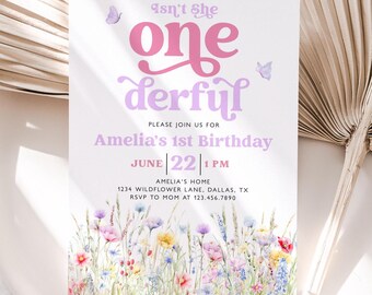May include: A pink and purple birthday invitation with the text "Isn't she one derful" and "Amelia's 1st Birthday". The invitation features a floral design with butterflies and the date "June 22, 1 PM".
