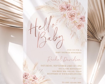 Puede incluir: Una invitación de baby shower en rosa y dorado con un diseño floral y de hierba de la pampa. La invitación dice "Hello Baby" e incluye el texto "Únete a nosotros para una baby shower en honor a Rachel Davidson".