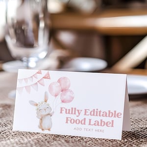 Etiquetas de comida de conejito, tarjeta de etiqueta de comida para el primer cumpleaños, tarjeta de carpa para comida, tarjeta de comida doblada, etiquetas de comida en carpa, Un conejito cumple un año, BD128