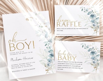Eucalyptus Baby Shower Invitation Set: Oh Boy Template (Digital Download)