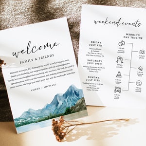 Mountain Wedding Welcome Letter and Timeline Template, Wedding Timeline, Wedding Itinerary, Weekend Schedule Printable, Welcome Bag, Mia