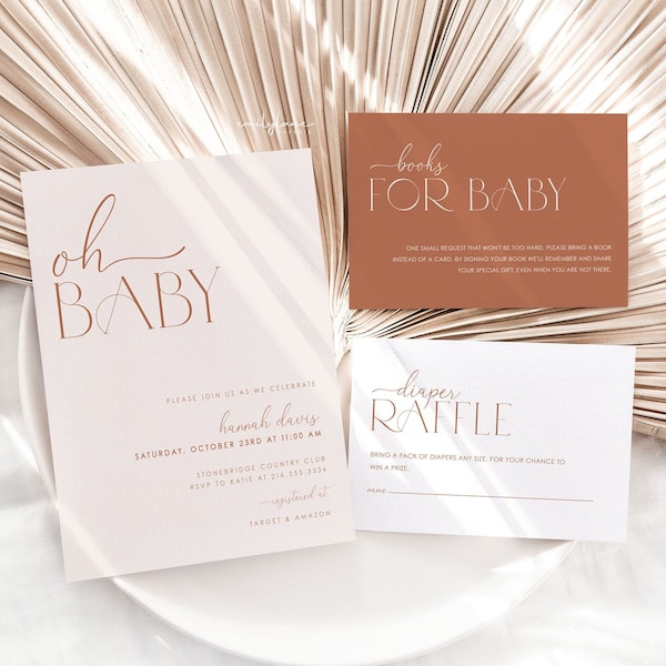 Boho Baby Shower Invitation Set, Modern Baby Shower Invite, Minimal Pale Pink Baby Shower, Editable Boho Baby Shower Template, H1