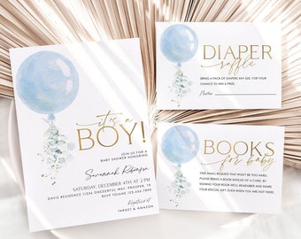 Blue Balloon Baby Shower Invitation Set (Digital Download)