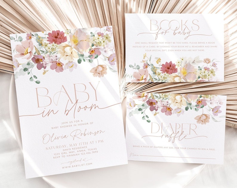 Baby in Bloom Baby Shower Invitation Set Girl Baby Shower Baby Shower Invitation Muted Florals Baby Shower Invite Baby Shower