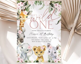 Wild One Birthday Girl Invitation: Safari Animals (DIY Template)