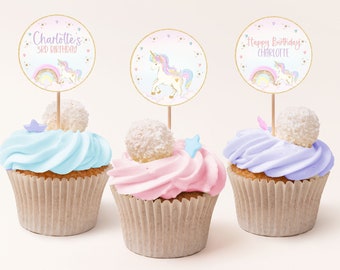 Einhorn Geburtstag Cupcake Toppers, Regenbogen Geburtstag Cupcake Toppers, Gold Glitter Geburtstag Cupcake Toppers, Pastell Einhorn Geburtstag, BD53