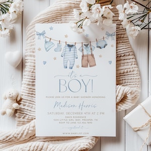 Invito baby shower bambino, invito baby shower stendibiancheria, vestitini blu per neonati, è un maschietto, invito blu, baby shower bambino, BBS119