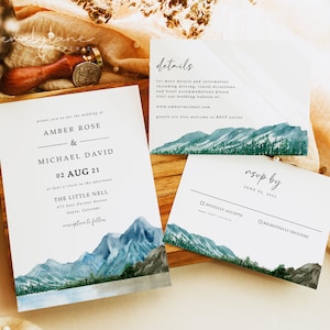 Mountain Lake Wedding Invitation Template Suite, Lake Wedding Invitation Set, Mountain Wedding Invite, Mia