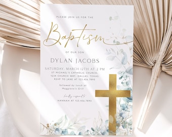 Baptism Invitation, Christening Invitation Template, Eucalyptus Greenery and Gold Christening Invitation Printable Baptismal Invite, BT4