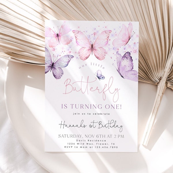 Butterfly Birthday Invitation, 1st Birthday Invite, First Birthday Invitation, Butterfly Birthday, Birthday Girl, Girl Butterfly Party, BD18