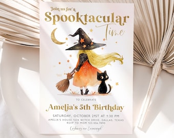 May include: A Halloween-themed birthday invitation featuring a cartoon illustration of a witch with a black cat. The text reads "Join us for a Spooktacular Time to Celebrate Amelia's 5th Birthday".