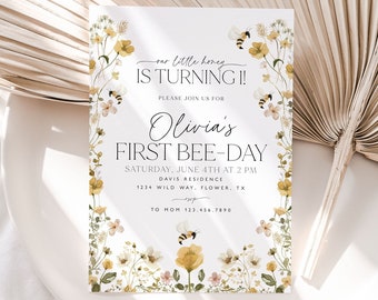 Faire-part d'anniversaire abeille, invitation 1er anniversaire abeille, 1er faire-part fête des abeilles, anniversaire abeille floral, Invitation abeille à miel, 1er anniversaire de fille, BD15