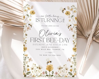 Bee verjaardagsuitnodiging, Bee 1e verjaardag uitnodigen, 1e Bee Day uitnodiging, Floral Bee verjaardag, Honey Bee uitnodiging, 1e verjaardag meisje, BD15