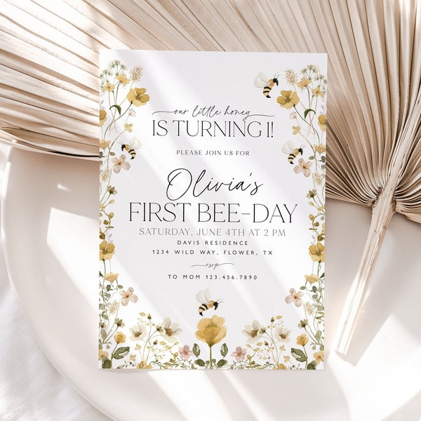 Bee 1st Birthday Invitation: Floral Honey Bee Design (5x7" Template)