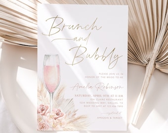 Pink Brunch and Bubbly Bridal Shower Invitation, Boho Pink Bridal Shower Invite, Boho Editable Bridal Shower Invite, Champagne Brunch, BS14