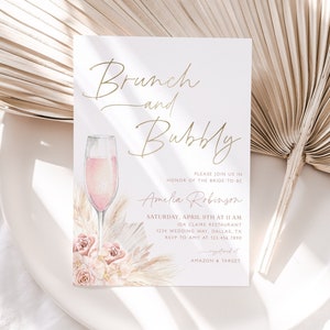 Pink Brunch and Bubbly Bridal Shower Invitation, Boho Pink Bridal Shower Invite, Boho Editable Bridal Shower Invite, Champagne Brunch, BS14