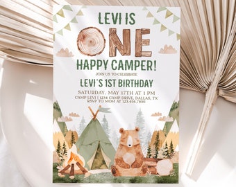 One Happy Camper Birthday Invite Boy, Happy Camper Invitation, Camping 1st Birthday Invitation, Camping 1st Birthday Party, Woodland, BD88