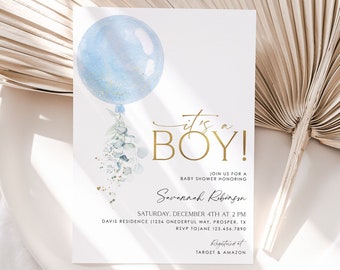 È un invito per baby shower per ragazzo, invito per baby shower per ragazzo, invito per baby shower con palloncino blu, invito per baby shower con fiori blu, BBS01