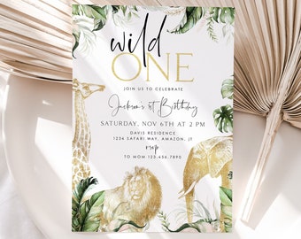 Wild One First Birthday Invitation, Wild One Boy Birthday Invitation, Safari Wild One Party Invite, Boy Safari Animals Invitation, BD01