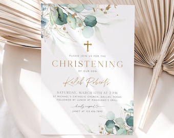 Greenery Christening Invitation, Baptism Invitation Template, Eucalyptus Greenery and Gold Christening Invitation Printable Invite, BT2