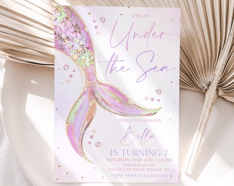 Mermaid Tail Birthday Invitation, Under the Sea Birthday Invitation Girl, Editable Birthday Template, Pink Gold Mermaid Birthday Bash, BD63