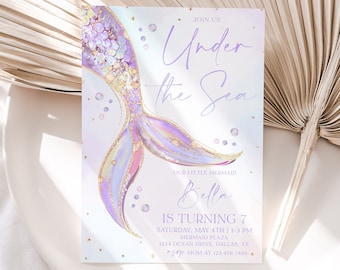 Mermaid Tail Birthday Invitation, Under the Sea Birthday Invitation Girl, Editable Birthday Template, Purple Pink Mermaid Birthday, BD62