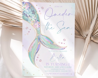 Oneder the Sea Birthday Invitation Girl, Mermaid Tail Birthday Invitation, Editable Birthday Template, Purple Teal Mermaid Birthday, BD64