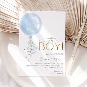 Het is een jongen baby shower uitnodiging, jongen baby shower uitnodiging, blauwe ballon baby shower uitnodiging, blauwe bloemen baby shower uitnodiging, BBS01
