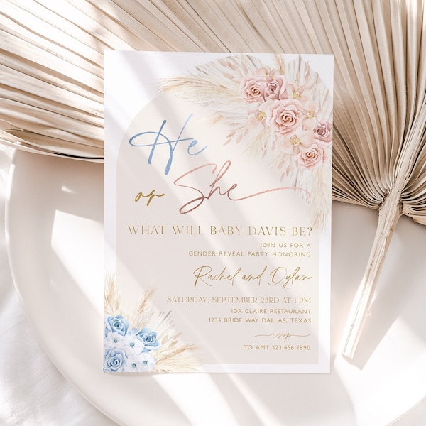 Boho Arch Gender Reveal Invitation, He or She Invitation, Gender Reveal Invite, Pampas Grass He or She Invitation, Blue and Pink, BBS71