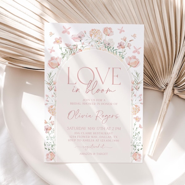 Love in Bloom Bridal Shower Invitation, Boho Arch Floral Bridal Shower Invite, Spring Bridal Shower Invite, Pink Flower Invitation, BS61