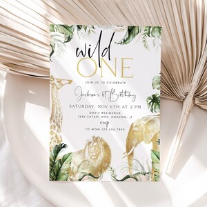 Wild One First Birthday Invitation, Wild One Boy Birthday Invitation, Safari Wild One Party Invite, Boy Safari Animals Invitation, BD01